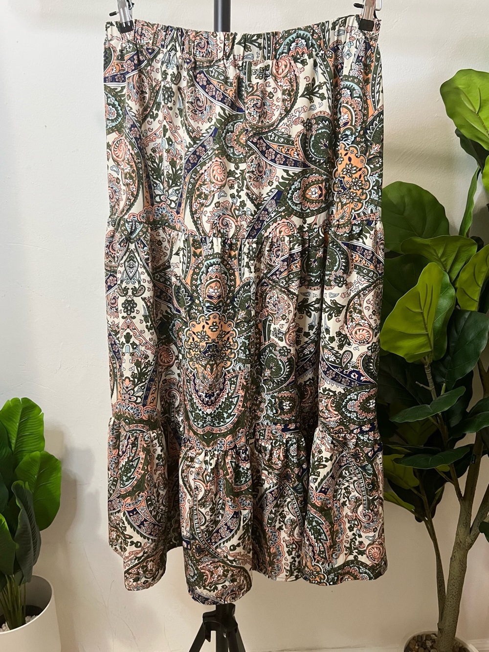 Boho Paisley Tiered Maxi Skirt - Cream, Green & Navy